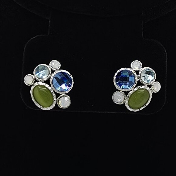 Silver Blue Green Rhinestone Opal Pierced Post-Back Earrings - Picture 2 of 4
